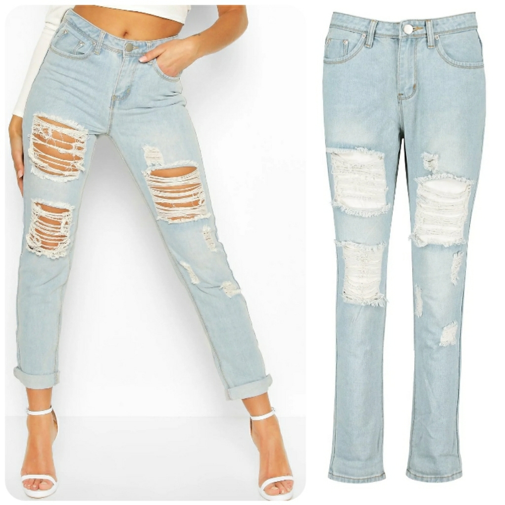 BOOHOO Mid Rise All Over Ripped Boyfriend Jeans